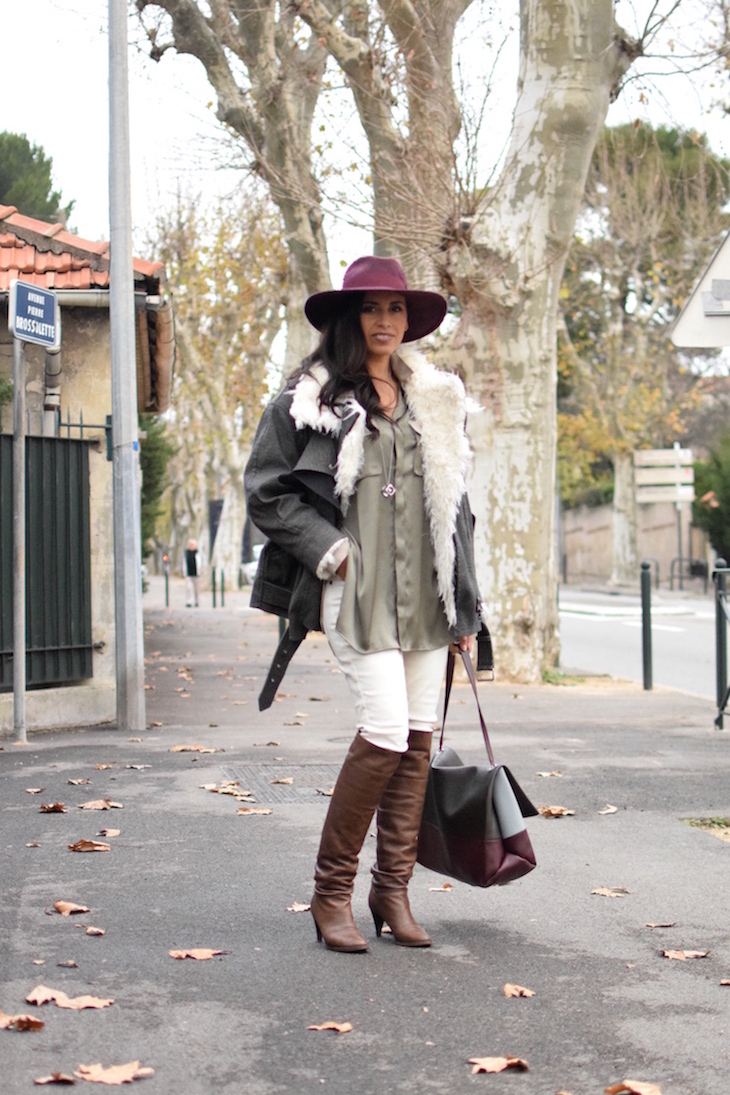 La soie cool | LovaLinda | Blog Mode Lookbook Photo Marseille | Isabel Marant Rejane Faux-Fur Jacket x Catarzi Fedora x Silk Shirt BLK DNM x Sandro Jeans x L'otre chose Over The Knee Boots x Celine Bag