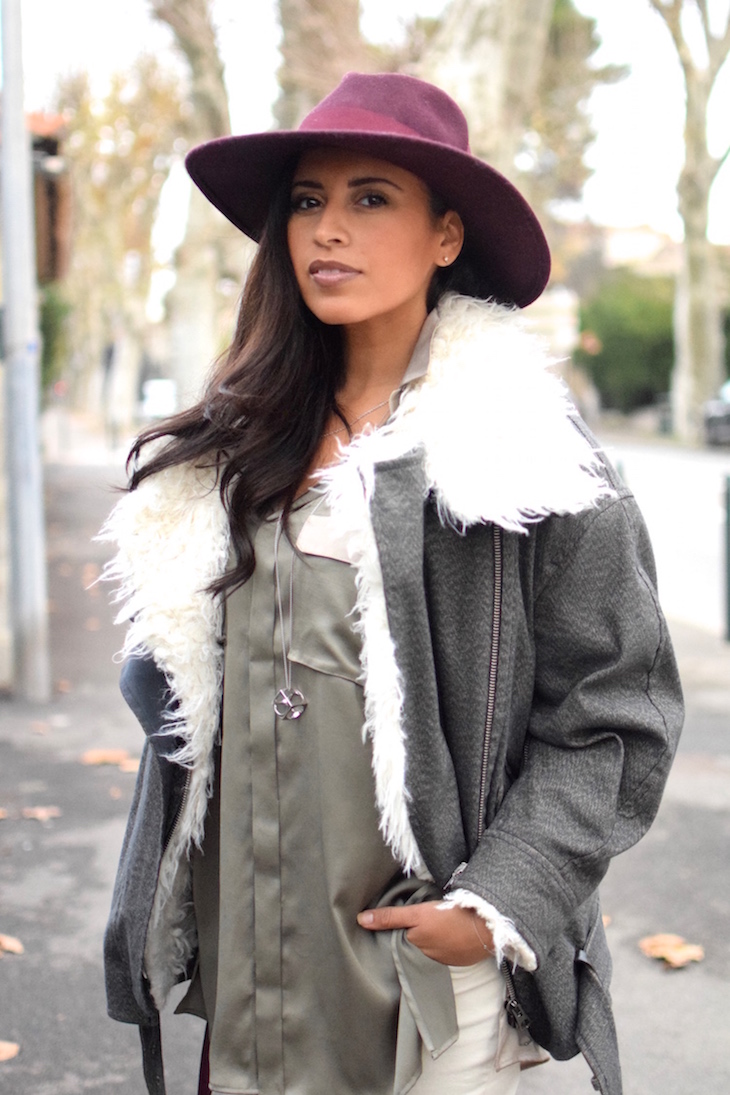 La soie cool | LovaLinda | Blog Mode Lookbook Photo Marseille | Isabel Marant Rejane Faux-Fur Jacket x Catarzi Fedora x Silk Shirt BLK DNM x Sandro Jeans