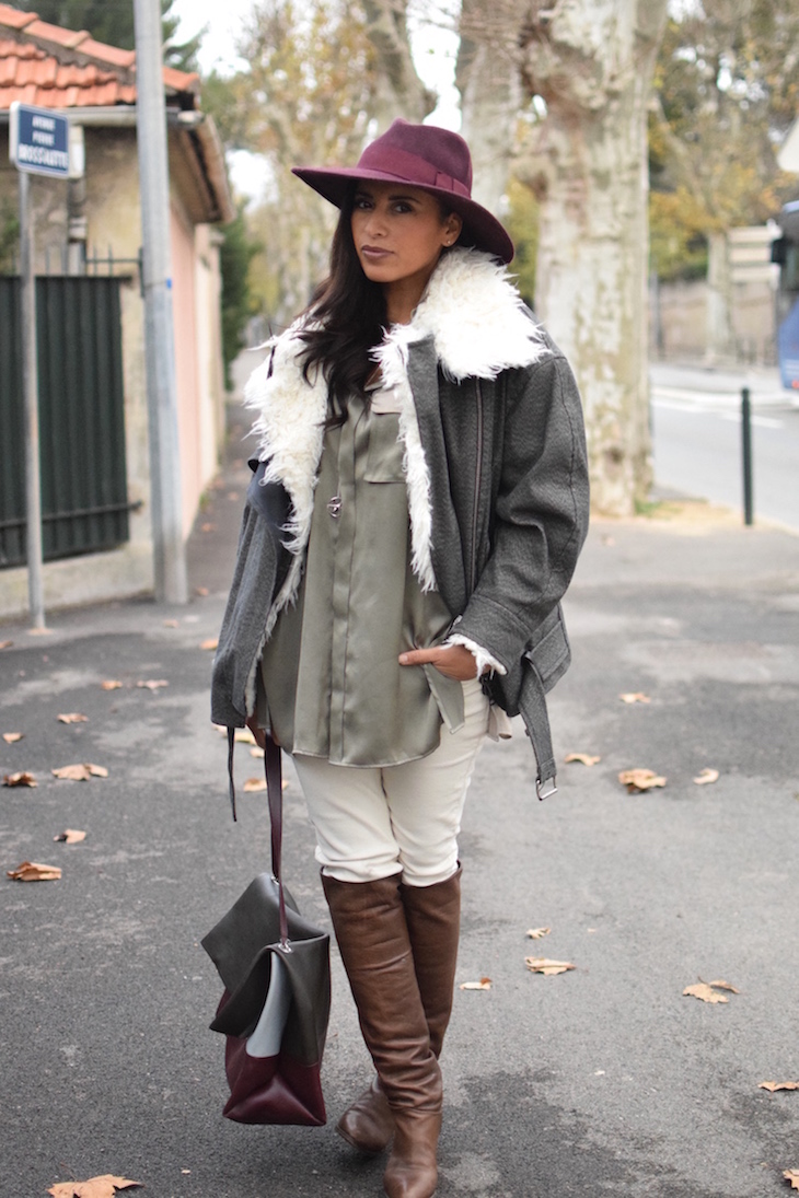 La soie cool | LovaLinda | Blog Mode Lookbook Photo Marseille | Isabel Marant Rejane Jacket x Catarzi Fedora Hat x Silk Shirt BLK DNM x Sandro Jeans x L'otre chose Over The Knee Boots x Celine Bag